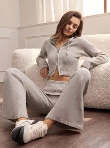 Hanevo 2件秋冬时尚拉链针织连帽衫和裤子套装 - 卡其色 - 查看 7