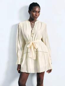 Maija 2025 Early Autumn Vacation Round Neck Ruffle Tie Design Lace Patchwork Lantern Sleeve Textured Ruffle Design Women Short Dress Tie Front Dress Drawstring Dress Smock Dress Mini Dress Cream Dress - White - View 6