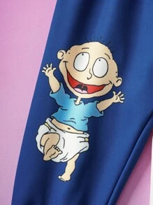 Nick 90s | SHEIN 2 件套男婴卡通图案针织圆领插肩宽松撞色拼接卫衣和裤子套装，秋冬 - 藍白色 - 查看 3