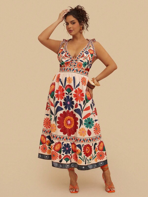 SHEIN VCAY 大码波西米亚花卉印花 V 领无袖长裙，休闲度假风格