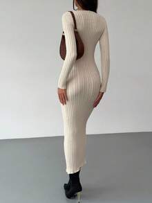 Aloruh Apricot Minimalist Commuter Deep V Neck Long Sleeve Bodycon Dress For Women Autumn Winter Clothes For Women - Apricot - View 4