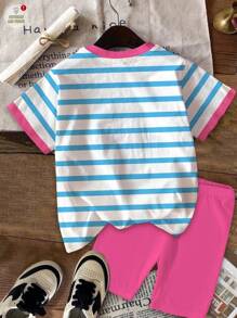 SHEIN 2pcs/Set Young Girl Casual Blue Striped With "NEW YORK" Graphic, Contrast Pink, Back To School, Collegiate Style, Short Sleeve Top And Shorts, Cute Summer Outfit