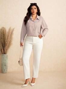 EMERY ROSE Plus Size Women Cotton Crisp Striped Shirt With Chest Pocket,White Sequence,Autumn,Smart Casual,Everyday Long Sleeve Curved Hem Blouse Commute Tops - Multicolor - View 7