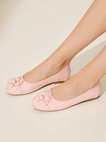 CUCCOO CHICEST Women's Floral Embellished Square Toe Ballet Flats, Elegant Sweet Commuting Romantic Comfortable Classic Light Pink Faux Leather Slip-On Shoes For Afternoon Tea, Date, Party, Office, School, Vacation, Versatile - Baby Pink - View 4