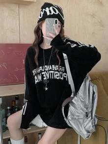 DAZY 女士圆领休闲韩版风格艺术字母撞色长袖毛衣秋季