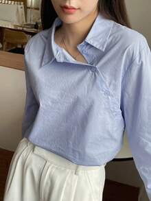 DAZY 商务休闲纯色斜襟长袖衬衫