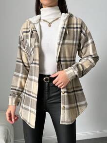SHEIN Cottnline Cotton Ladies' Plaid Drawstring Hooded Regular-Fit Jacket - Multicolor - View 3