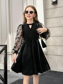 SHEIN 青少年女孩休闲法式时尚天鹅绒拼接长袖星星网眼优雅修身连衣裙，适合日常穿着、毕业派对、万圣节、活动 - 黑色 - 查看 9