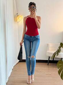 Rafferiza 女式黑色性感金属褶皱无袖紧身衣 - 紅色 - 查看 6