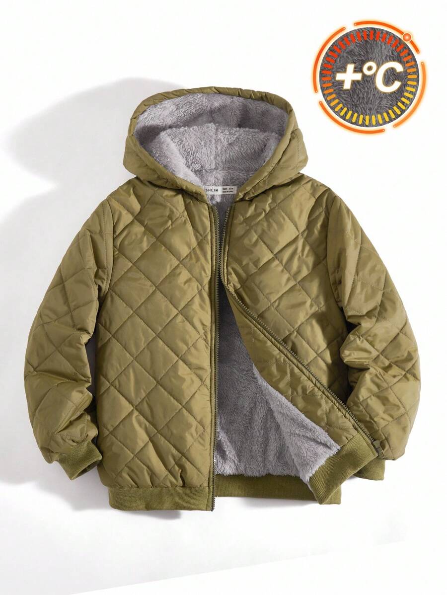SHEIN Tween Boy Comfortable And Warm Casual Military Green Fleece Fashionable Jacket, Suitable For Outer Wear, Back To School Season;Boys Winter Clothes;Boys Fall Clothes;