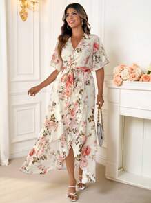 Reflora Curve Plus Size Women's Romantic Casual Daily Lotus Leaf Short Sleeve V-Neck Waist Tie Waist A-Line Ruffle Asymmetrical Hem Printed Long Dress,Floral Dress Women - Pink - View 7