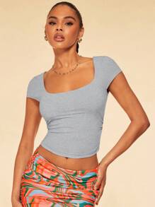SHEIN BAE Damen Sommer einfarbiges T-Shirt mit quadratischem Ausschnitt und kurzen Ärmeln, figurbetonter Schnitt - Hellgrau - Übersicht 5