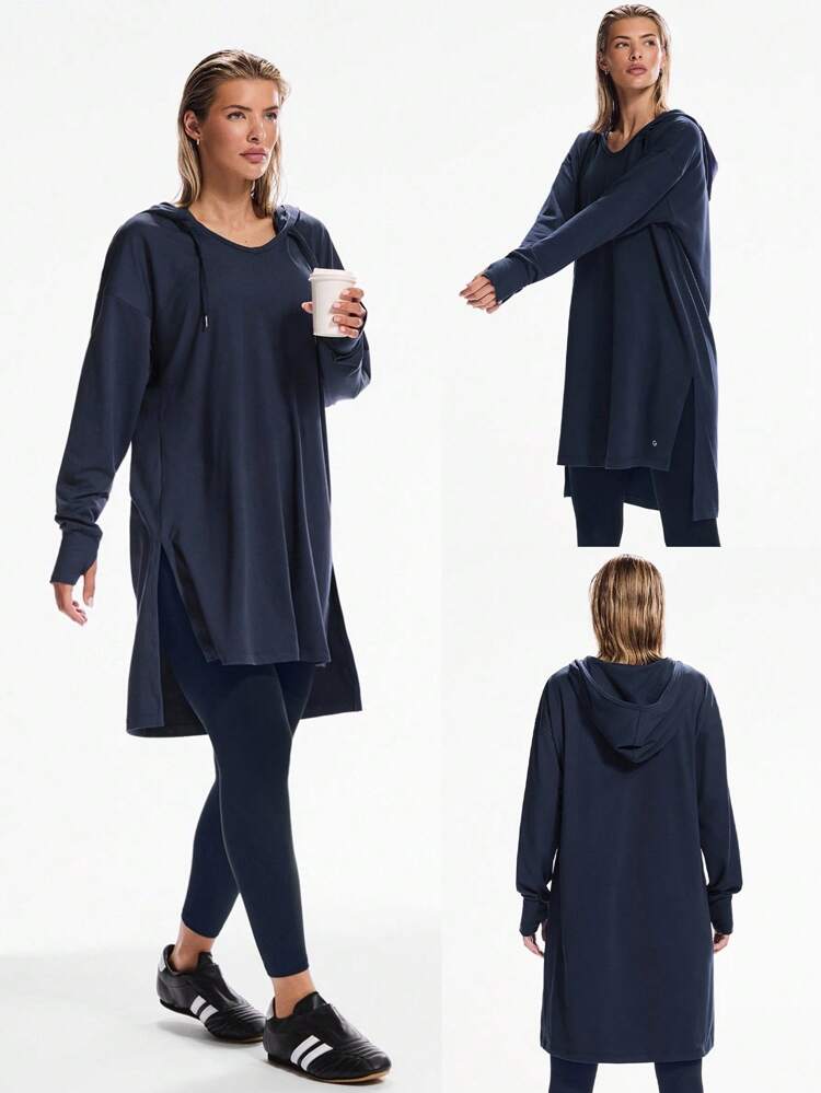 Sudadera suave y holgada de longitud hasta las caderas con cordón ajustable, mangas largas y ojales para el pulgar, para uso diario y casual en otoño