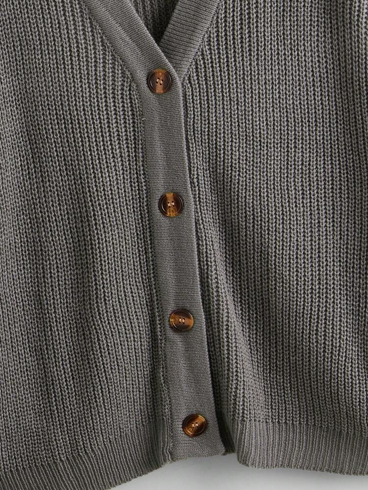 White Lantern Sleeve Button Front Ribbed Loose Knit Cardigan, Spring/Summer