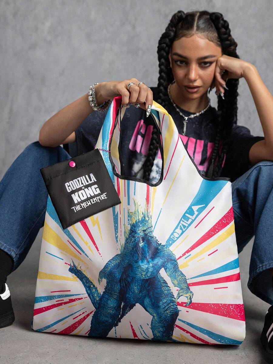 GODZILLAxKONG X SHEIN 1 件卡通图案可折叠购物袋，带小袋的手提包，配有珍珠链可挂在其他包上，适合通勤、购物、旅行，男女皆宜，轻巧便携 - 彩色 - 查看 1
