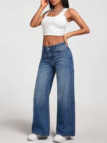 EURMUSE Jeans rectos de tiro bajo lavados para mujer - Azul lavado medio - Ver 3