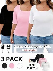 SHEIN CURVE+ 3 قطع/مجموعة تي شيرت نسائي بأكمام قصيرة وياقة مربعة ضيق بلون أحادي، مقاسات كبيرة، ملابس خريف وشتاء - متعدد الألوان - مشاهدة 3