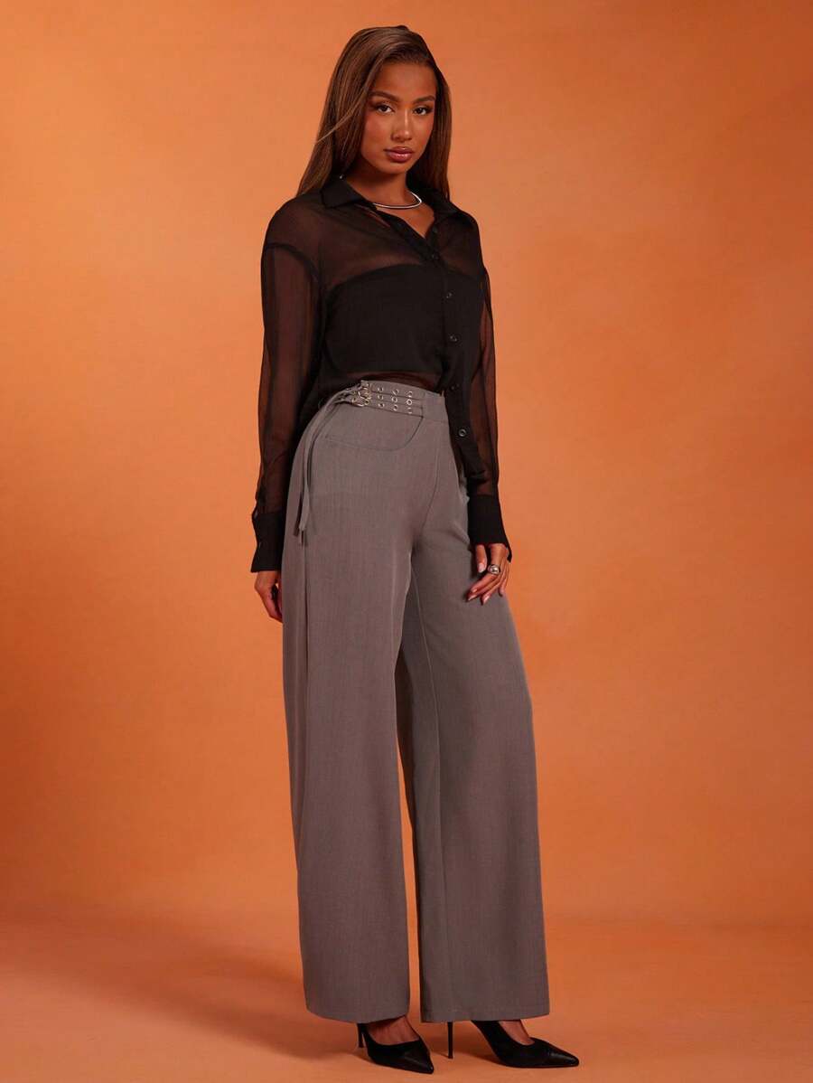 NYA SZN Pantaloni con vita alta, gamba dritta, con tasche e fibbia, adatti per l'ufficio, il lavoro, il casual quotidiano, la chiesa, lo stile grunge, Ibiza e le vacanze per le donne - Grigio - Visualizzare 1