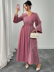 Modelyn Elegant Floral Patchwork Crossover Neck Flare Sleeve Plus Size Dress, Romantic & Fashionable Fall Cloth For Women - Pink - View 7