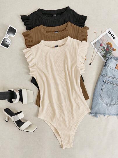 Chiquease Solid Color Summer Round Neck Ribbed Bodysuit