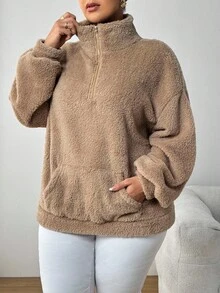 SHEIN PETITE CURVE Plus Size Solid Color Half Zip Pocketed Long Sleeve Sweatshirt, For Winter Graduation,Back To School Outfits,Graduation,Teacher Outfits For Women,Back To School Petite Plus Size Sweatshirts Plus Size Teddy Hoodie Plus Size Sherpa Sweatshirts Plus Size Fleece Hoodie Plus Size Zip Up Hoodie Fall Autumn