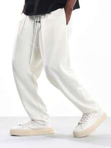 SUMWON 褶皱宽松慢跑运动裤，宽松阔腿，抽绳腰带，休闲居家服，秋冬街头风长裤，舒适百搭纯色 - 米色 - 查看 1