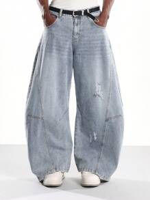 SUMWON 超大阔腿破洞牛仔裤 Y2K 时尚街头服饰复古 90 年代风格浅蓝色水洗休闲宽松裤