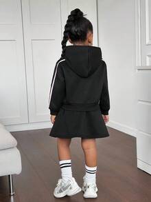 2pcs/Set Young Girl Solid Color Thermal Lined Loose Hoodie Sweatshirt And Mini Skirt Set - Black - View 2