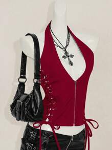 SHEIN ICON 夏季 Y2K V 领外出演唱会女士演唱会黑色哥特性感索环纯色时尚侧交叉带露背背心，夏季 - 酒紅色 - 查看 3