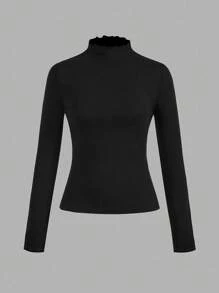 SHEIN EZwear 2 件套女士休闲黑白针织 T 恤，带保暖衬里，秋装冬装女士冬季上衣女士高领上衣高领上衣修身上衣女士长袖上衣，女士秋装 - 黑與白 - 查看 6