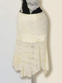 SHEIN ICON Conjunto de verano y primavera para mujer con falda asimétrica de cintura baja con volantes y top halter de cuello anudado de encaje jacquard texturizado en estilo bohemio retro y sexy en color albaricoque - Albaricoque - Ver 7