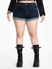 ROMWE Grunge Punk Quần short denim cạp trễ cổ điển có độ co giãn cao, thanh lịch và đa năng, cỡ lớn - Màu xanh lam - Xem 4