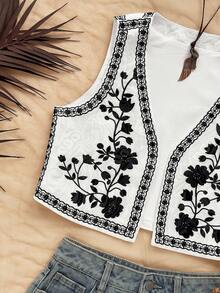Soleia Women's Spring/Summer Open Front Embroidered Casual Top Jacket, Party, Boho Top Floral Top Embroidered Top Summer Top Boho Summer Tops - Black and White - View 4