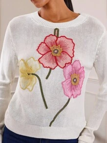 Lilora 2025 Frühherbst Städtisch Lässig Resort Elegant Retro Weiß 3D Blumen Stickerei Langarm Locker Leicht Damen Pullover Sweater, geeignet für Valentinstag, Retro, Date Night, formelle Anlässe, bequem, lässig, Outdoor - Weiss - Übersicht 6
