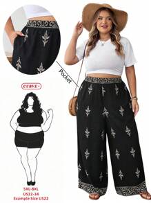 SHEIN CURVE+ Plus Size Women's Geometric Print Loose Linen Casual Pants, Breathable Summer - Black - View 1