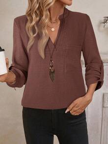 EMERY ROSE 女士V领纯色纹理面料休闲夏季衬衫 白色V领女式衬衫 女士衬衫 女士亚麻衬衫 女士白色衬衫上衣 女士秋季服装 商务休闲女士纽扣衬衫 女士纽扣衬衫 女士棕色V领上衣 女士棕色衬衫 女士V领衬衫 女士咖啡棕色上衣 女士棕色V领衬衫 女士时尚休闲衬衫 - 紅木色 - 查看 4