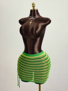 Zestiva Summer Beach Striped Drawstring Side Crochet Cover Up Skirt