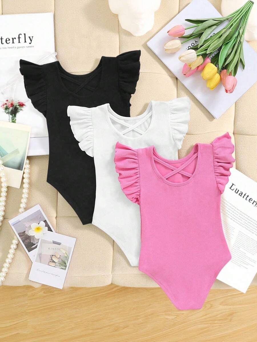 3 件套年轻女孩甜美纯色针织连体裤，带飘袖