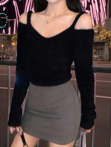 DAZY 女士露肩韩版优雅长袖毛衣，秋冬 - 黑色 - 查看 9