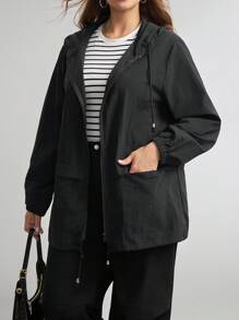 Comfylo 大码休闲户外纯色连帽风衣 - 黑色 - 查看 7