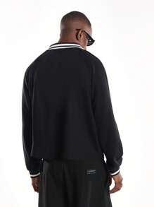 SUMWON Retro Style Polo With Signature Club Script Print White Striped Detail Varsity Look Premium Club Wear Monochrome Design Casual - Black - View 3