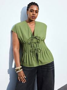 Maija Plus Size Women's 2025 Summer New Arrival Sleeveless Blouse, Wide Shoulder, Slimming Waist, Tie Bow Design, Casual Chic Commuting Versatile Vest Top, Suitable For Daily, Vacation, Music Festival, Beach, Graduation Halloween Christmas National Day Clothes New Year Clothes