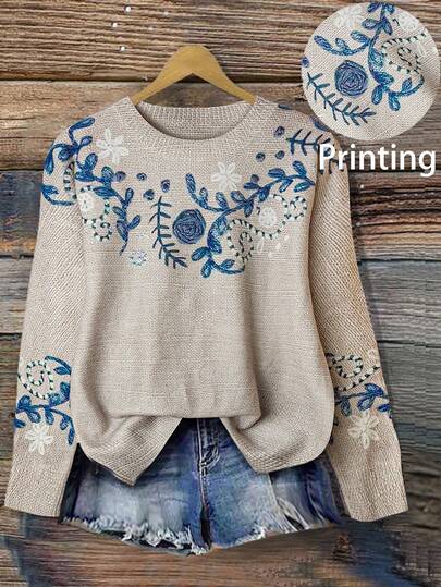 Linhara Halloween Plus Size Vintage Casual Printed & Embroidered Fitted Long Sleeve Knit Pullover Sweater Fall Winter Cloth For Women Autumn