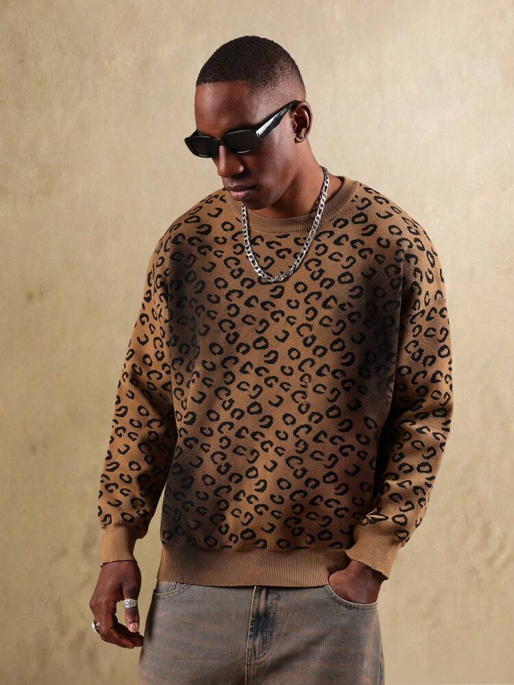 Suéter de malha com estampa de leopardo e acabamento canelado