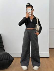 Sparklyn Tween Girls' Casual All-Match Versatile Street Pocket Loose Wide Leg Elastic Waist Washed Snow Fleece Sweatpants Fall Winter - Black - View 5