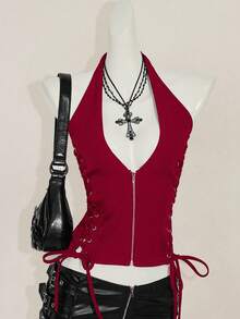 SHEIN ICON 夏季 Y2K V 领外出演唱会女士演唱会黑色哥特性感索环纯色时尚侧交叉带露背背心，夏季 - 酒紅色 - 查看 1