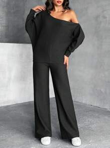 EURMUSE 女士，秋季，两件套，运动衫，裤子，奥斯曼面料，落肩运动衫，半袖，短款长度，长裤，松紧腰带 - 藏蓝色 - 查看 1