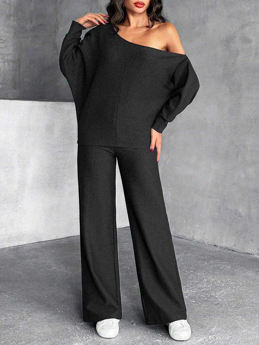 EURMUSE 女士，秋季，两件套，运动衫，裤子，奥斯曼面料，落肩运动衫，半袖，短款长度，长裤，松紧腰带 - 藏蓝色 - 查看 1