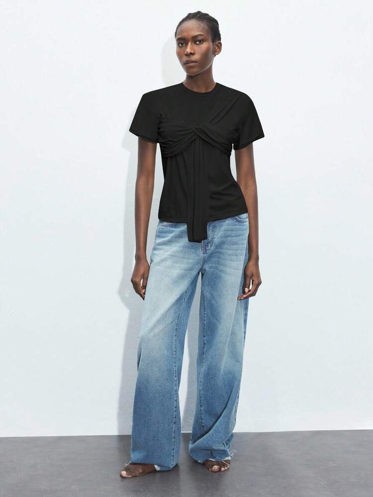 SHEIN Maija Damska, swobodna, jednokolorowa, skręcona koszulka z krótkim rękawem, romantyczna, modna, uniwersalna; odpowiednia na letnie wakacje, prosta, codzienna, w stylu rustykalnym, niezbędna, jednokolorowa, na święta, przyzwoita, dla singielek, idealna na wakacje, elegancka, modna, biznesowa