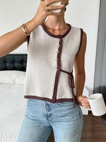 Serisse New Autumn Contrast Color Knitted Vest, Metal Buckle Contrast Color Edge Lace Woolen Vest For Women,Fall Winter Brown
